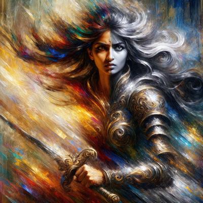 The primary subject of the image is a woman with long hair, dressed in a suit of armor. She is holding a sword in her hand, and her expression appears to be intense or focused. The setting is a colorful background, which adds to the overall visual style of the painting. The colors and mood of the image are vibrant and dynamic, with a strong sense of action and intensity.